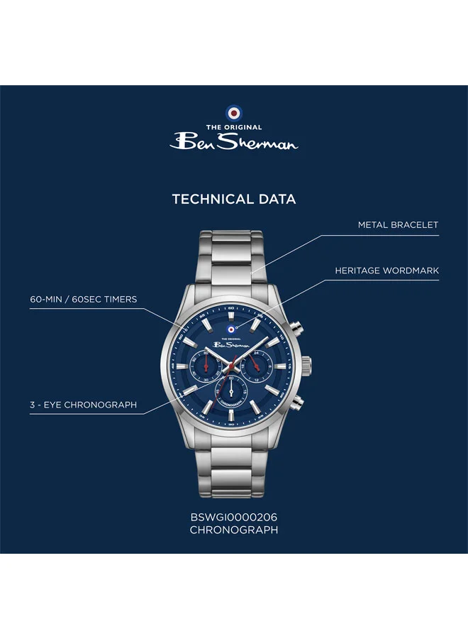 Ben Sherman silver Cambridge Blue Dial Stainless Steel Bracelet Chronograph Watch for Men, 42mm for Men | Best Price UAE