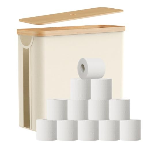 JOLLYIN Toilet Paper Storage Basket with Bamboo Lid, Toilet Paper Holder with Storage, Free Standing Bathroom Storage Organizers with Non-Slip Bottom Beige, 1 Pack - Image 1