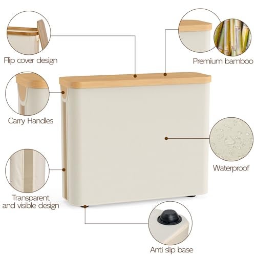 JOLLYIN Toilet Paper Storage Basket with Bamboo Lid, Toilet Paper Holder with Storage, Free Standing Bathroom Storage Organizers with Non-Slip Bottom Beige, 1 Pack - Image 4