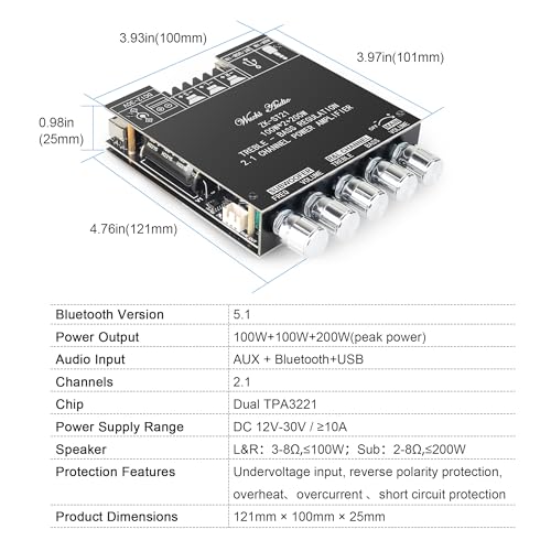 Wuzhi Audio ZK-ST21 100Wx2+200W 2.1Channel Bluetooth Amplifier Board with Subwoofer, TPA3221 Chip, Bass/Treble Control, Bluetooth/AUX/USB Input, 12-30V Wide Voltage Vehicle Amplifier - Image 5