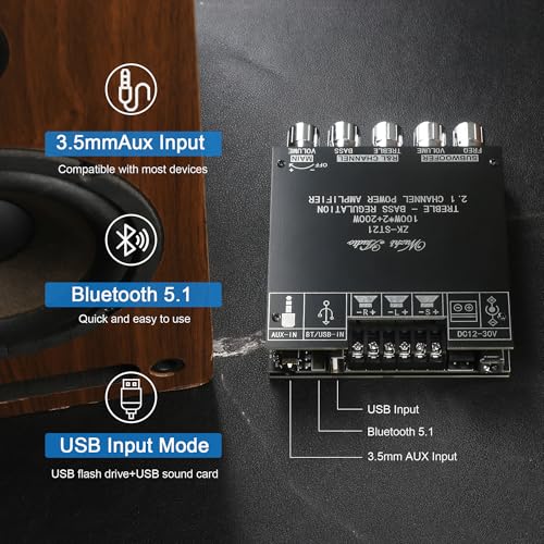 Wuzhi Audio ZK-ST21 100Wx2+200W 2.1Channel Bluetooth Amplifier Board with Subwoofer, TPA3221 Chip, Bass/Treble Control, Bluetooth/AUX/USB Input, 12-30V Wide Voltage Vehicle Amplifier - Image 3