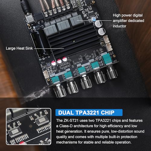 Wuzhi Audio ZK-ST21 100Wx2+200W 2.1Channel Bluetooth Amplifier Board with Subwoofer, TPA3221 Chip, Bass/Treble Control, Bluetooth/AUX/USB Input, 12-30V Wide Voltage Vehicle Amplifier - Image 4