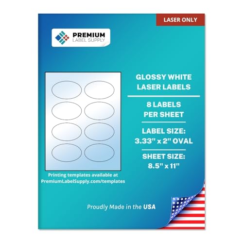 Premium Label Supply Glossy White Oval Sticker Labels – 3.33" x 2" Oval – (8 per Sheet) (Glossy White for Laser Only, 200 Labels) - Image 1