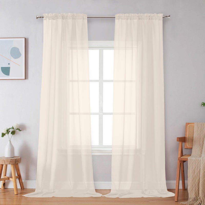 Simplebrand Cream Sheer Curtains 96 Inches Long 2 Panels, Light Filtering Rod Pocket Solid Color Window Sheer Curtain Panels, Elegant Curtains & Drapes for Living Room, Bedroom, 42" W x 96" L - Image 1