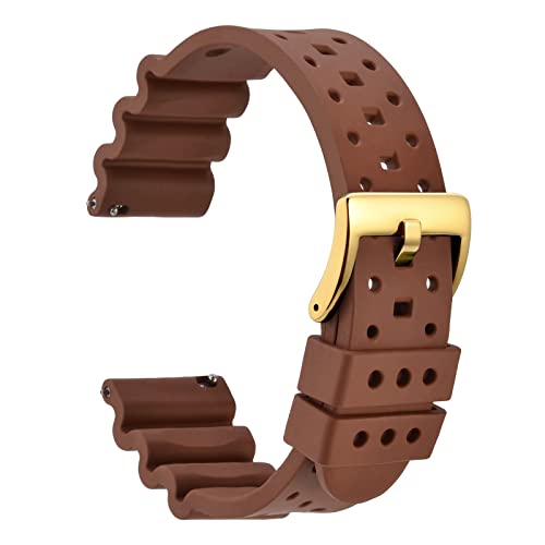 WOCCI 24mm Ventilated Watch Band for Men FKM Rubber Gold Buckle Brown - Image 1