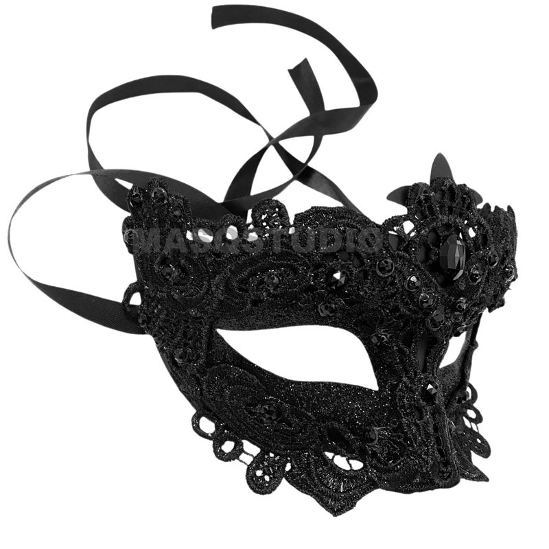 MASQ Brocade Lace Masquerade Ball Mask Pair Burlesque Mardi Gras Birthday Prom Wedding Party (Black Lace) - Image 3