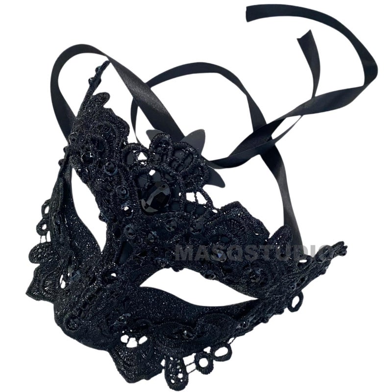 MASQ Brocade Lace Masquerade Ball Mask Pair Burlesque Mardi Gras Birthday Prom Wedding Party (Black Lace) - Image 4