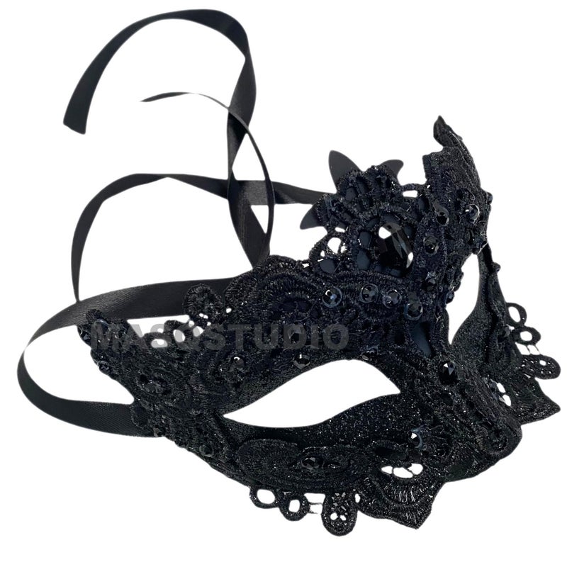 MASQ Brocade Lace Masquerade Ball Mask Pair Burlesque Mardi Gras Birthday Prom Wedding Party (Black Lace) - Image 2