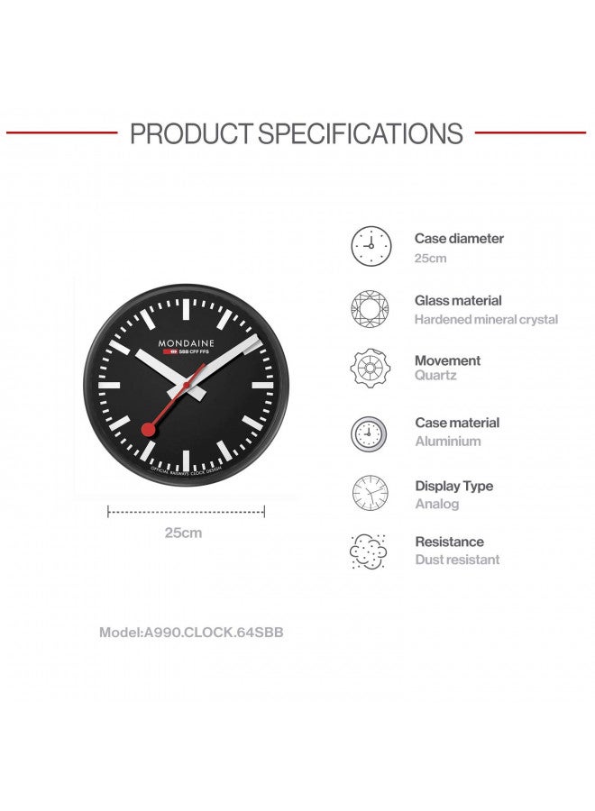 MONDAINE Mondaine - A990.Clock.64SBB Wall Clock - Black Dial Black Frame - Wall Clocks - Made in Switzerland  - Image 2