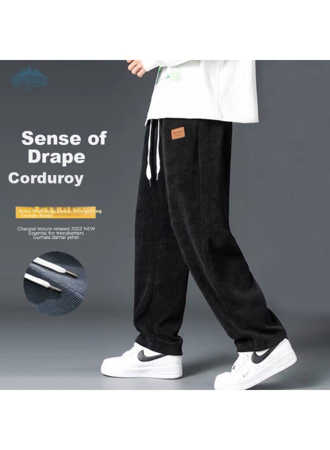 Dingfengbaoluo Men's Spring Corduroy Loose-fit Wide-leg Straight-leg Sports Pants Q2818 Black 2XL - Image 1