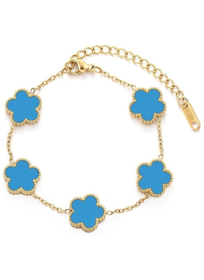 Generic and Women's 18K Gold Plated Stainless Steel Chain & Bracelet  Set, Lucky Five-Leaf Clover Link Chain & Bracelet, Valuable Gift for Women Blue color 