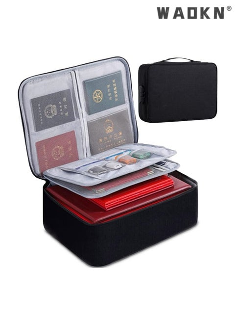 Beautiful Useful Youthful Document Organizer Bag with Lock, Oxford File Storage Pouch Bag Waterproof Travel Document Bag, Multi-Layer Document Box with Separators (Black)