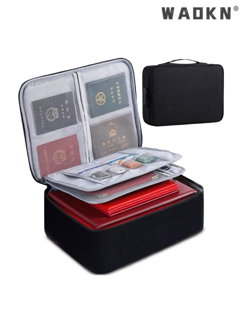 WAOKN - Beautiful Useful Youthful Document Organizer Bag with Lock, Oxford File Storage Pouch Bag Waterproof Travel Document Bag, Multi-Layer Document Box with Separators (Black) - Image 1