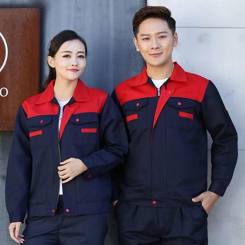 Spring and Autumn single top overalls mens wear-resistant welding auto repair labor protective clothing factory workshop engineering long sleeve color matching shoulder Upper Red and lower purplish blue single top 