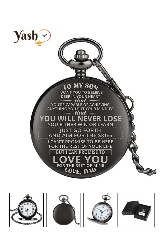 Yash Vintage Pocket Watch for Son Quartz Black Timepiece with Chain and Classic Packaging – A Perfect Gift