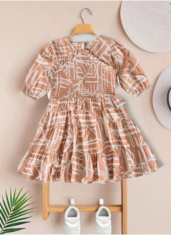BELLA MODA Bella Moda Printed Smocked Detail Puff Sleeve Knee-Length Dress