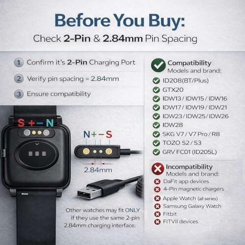 Mailink [3-Pack] Smartwatch Charger, 2-Pin Magnetic Charging Cable for IDW13/15/16/17/19/21/23/25/26/28, ID208, GTX20, Compatible with VeryFit/VeryFitPro App Models Smart Watch, Black - Image 2