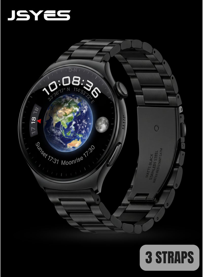 جيسي ساعة Jsyes MS15 الذكية للرجال والنساء، شاشة Super AMOLED دائرية مقاس 1.43 بوصة، نظام تحديد المواقع العالمي (GPS) مدمج لتتبع اللياقة البدنية، مقاومة للماء حتى عمق 50 مترًا، مقياس ارتفاع، مقياس ضغط جوي، بوصلة، شاشة تعمل دائمًا، و3 أحزمة: معدني، جلدي، وسيليكون، لون أسود - Image 1