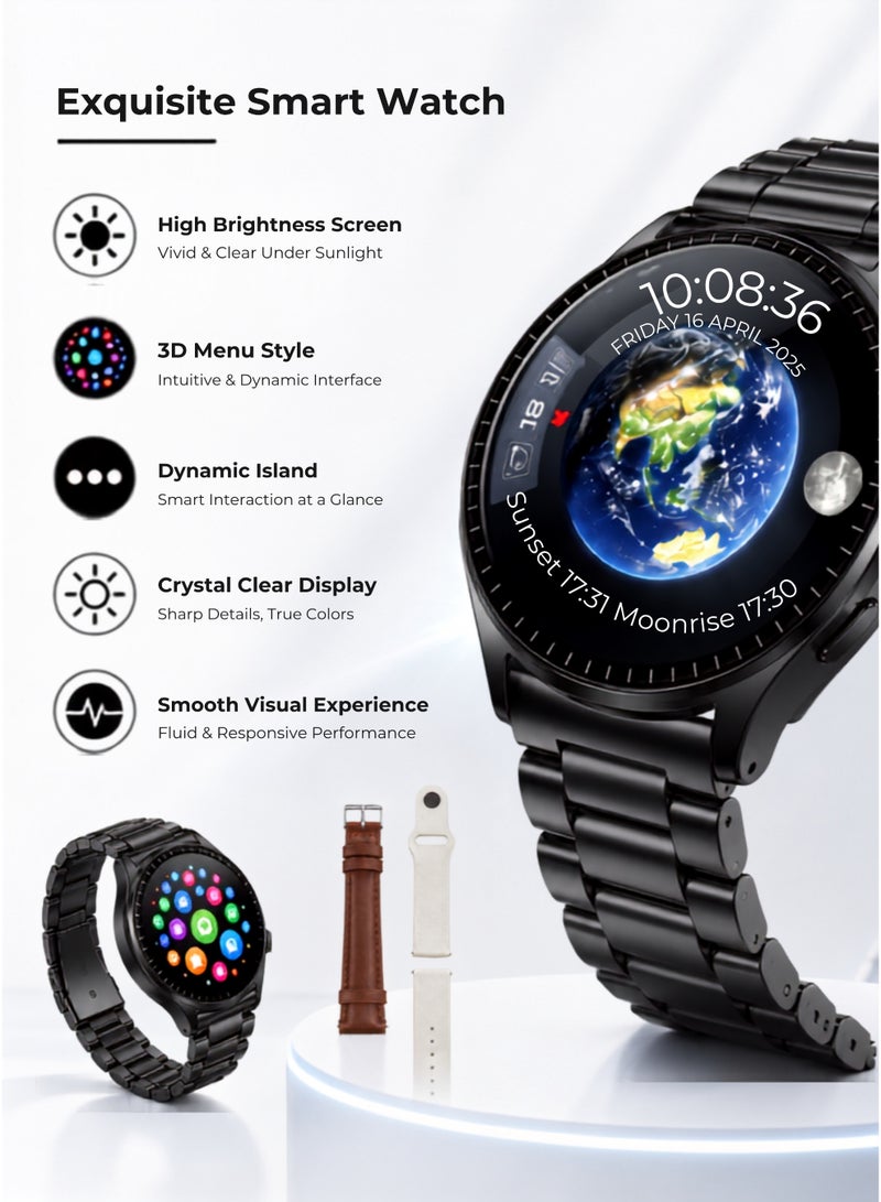 جيسي ساعة Jsyes MS15 الذكية للرجال والنساء، شاشة Super AMOLED دائرية مقاس 1.43 بوصة، نظام تحديد المواقع العالمي (GPS) مدمج لتتبع اللياقة البدنية، مقاومة للماء حتى عمق 50 مترًا، مقياس ارتفاع، مقياس ضغط جوي، بوصلة، شاشة تعمل دائمًا، و3 أحزمة: معدني، جلدي، وسيليكون، لون أسود - Image 2