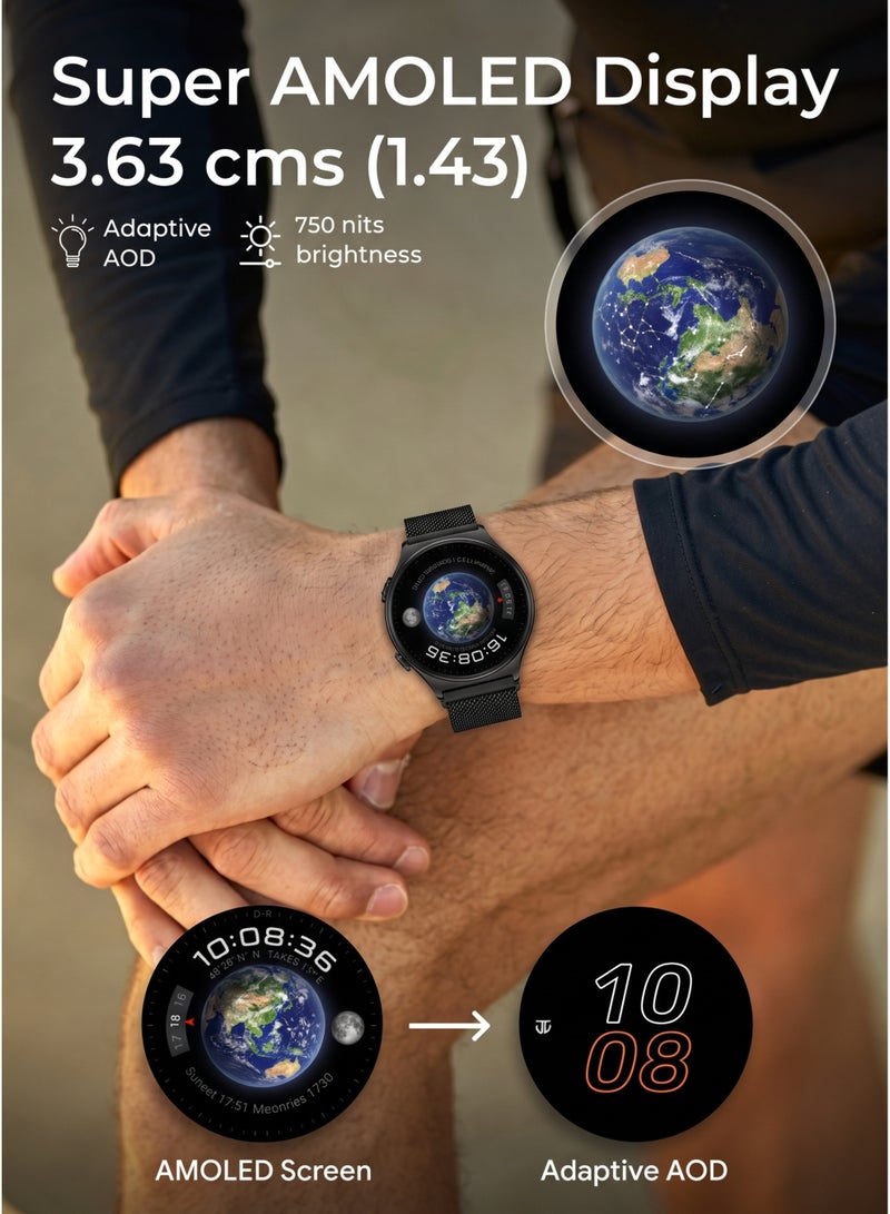 جيسي ساعة Jsyes MS15 الذكية للرجال والنساء، شاشة Super AMOLED دائرية مقاس 1.43 بوصة، نظام تحديد المواقع العالمي (GPS) مدمج لتتبع اللياقة البدنية، مقاومة للماء حتى عمق 50 مترًا، مقياس ارتفاع، مقياس ضغط جوي، بوصلة، شاشة تعمل دائمًا، و3 أحزمة: معدني، جلدي، وسيليكون، لون أسود - Image 3