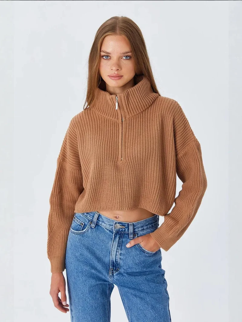 MixRay Mixray Textured Long Sleeve Zipped Collar Sweater