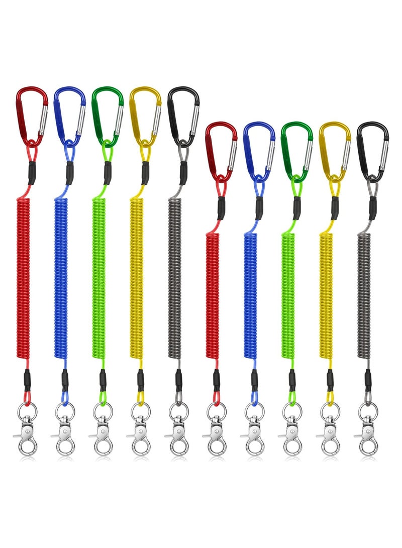 10 Pack Heavy Duty Fishing Lanyards with 2 Sizes, Retractable Safety Tool Ropes, Coiled Steel Wire Leash with Carabiner and Keychain for Pliers, Boating, and Kayak Accessories. - Image 1