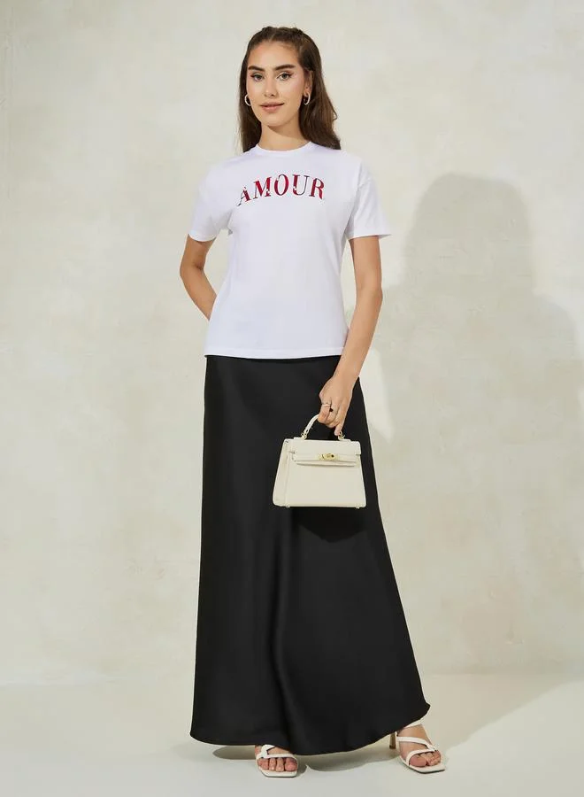 Styli Regular Fit Dropped Shoulder Amour Rhinestone Slogan T-Shirt