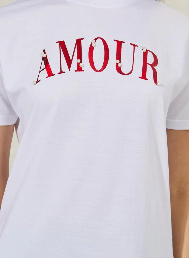 Styli Regular Fit Dropped Shoulder Amour Rhinestone Slogan T-Shirt
