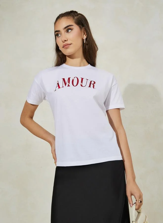 Styli Regular Fit Dropped Shoulder Amour Rhinestone Slogan T-Shirt