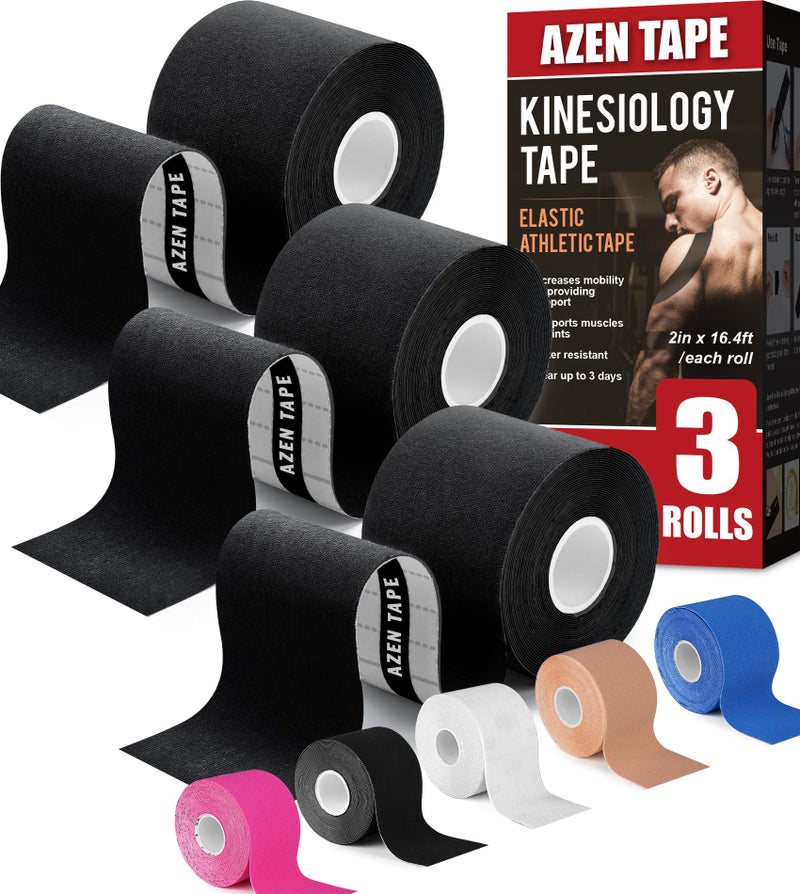 AZEN 3 Rolls Kinesiology Tape 164 ft Waterproof Kinetic Tape for Joints Support and Muscle Pain Relief Uncut Muscle Tape Knee Tape Athletic Tape Black
