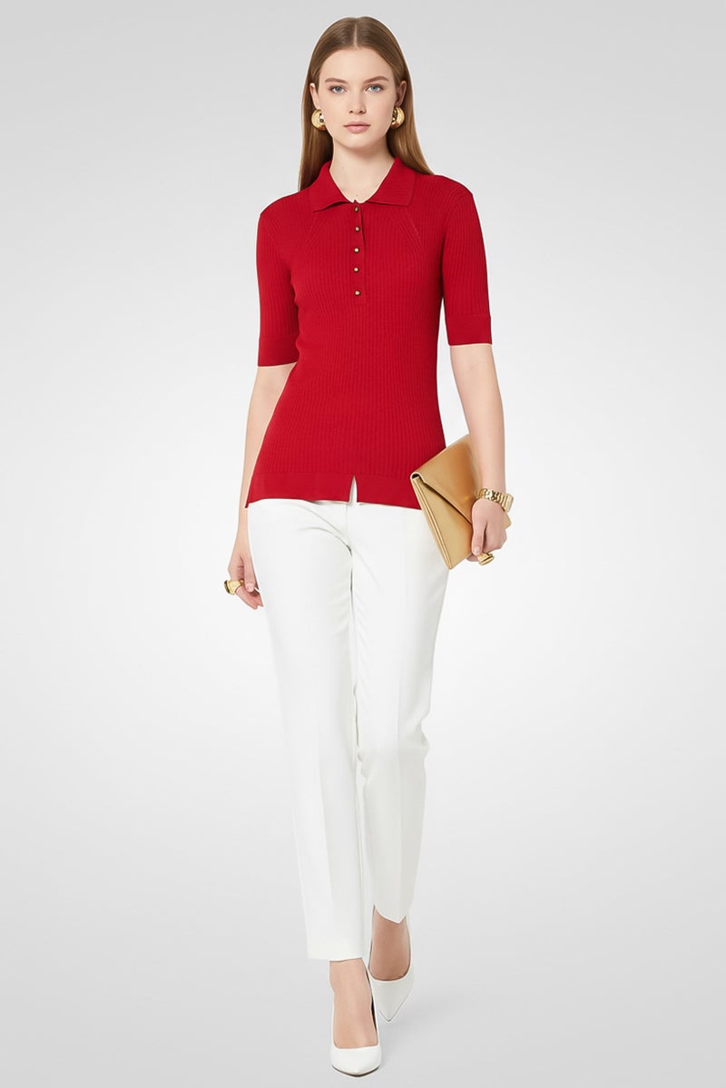 STELLA MCCARTNEY Women Spread Collar Short Sleeve Knitted Polo Shirt, Red - Image 1