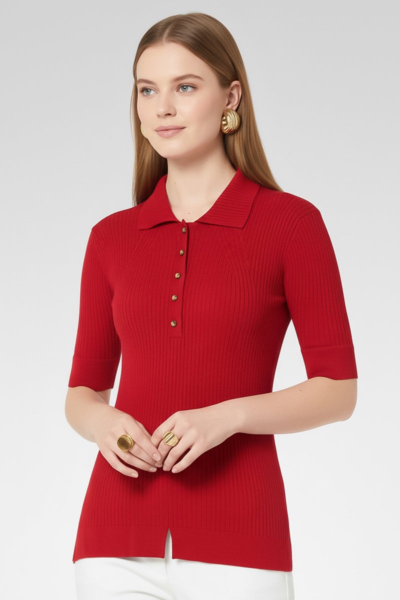 STELLA MCCARTNEY Women Spread Collar Short Sleeve Knitted Polo Shirt, Red - Image 2