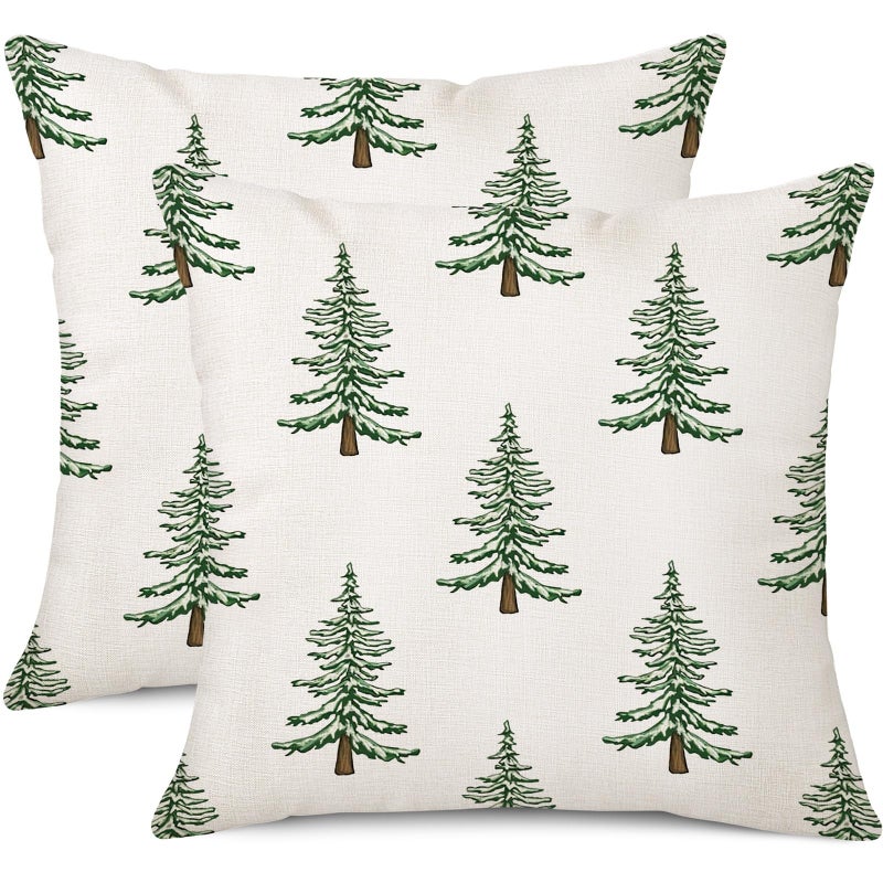 Coeufuedy Christmas Throw Pillow Covers 18 x 18 Inch Set of 2 Christmas Trees Farmhouse Christmas Decorations Winter Holiday Decor Cushion Case for Sofa Couch - Image 1