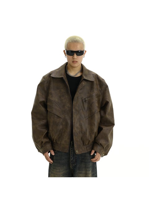Retro Brown Distressed Leather Jacket for Men Brown