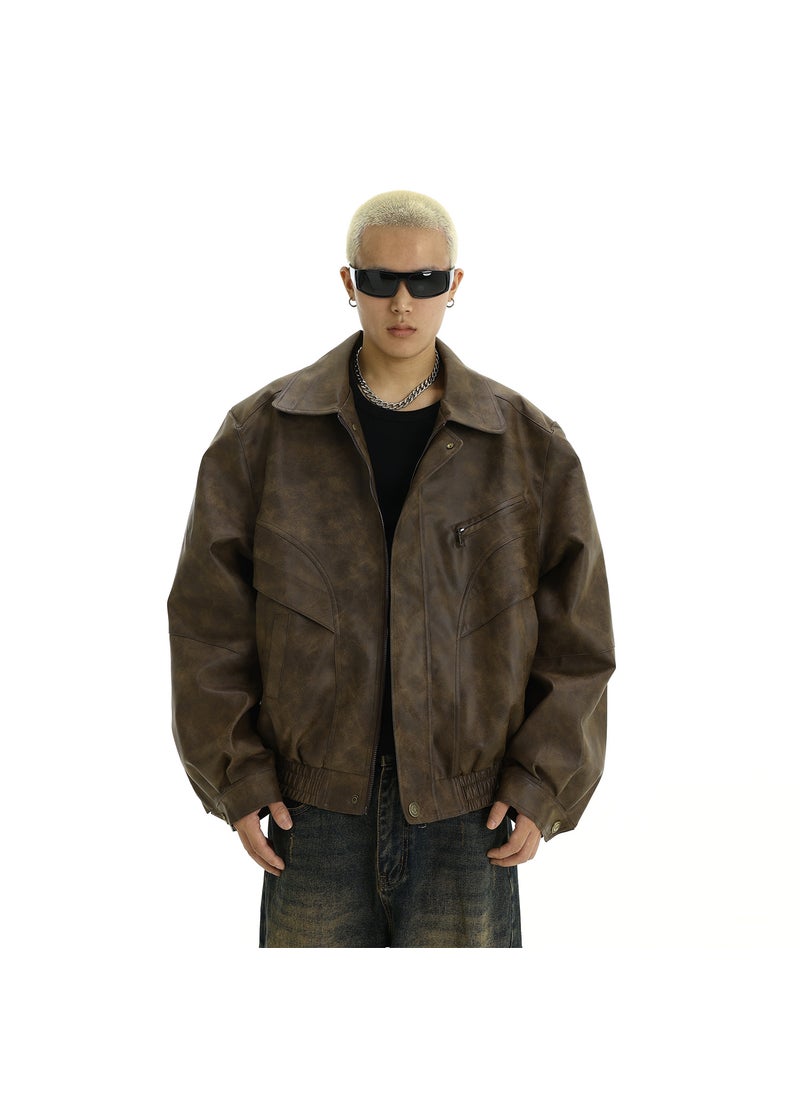 Generic - Retro Brown Distressed Leather Jacket for Men Brown - Image 1