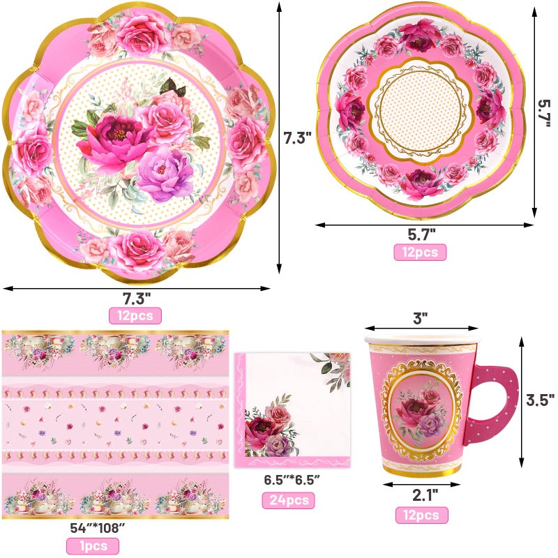 WorldBazaar Tea Party Disposable Tableware Set Pink Tea Party Supplies 12 Sets Floral Paper Tea Cups and Saucers Plates Napkins Tablecloth Pink Birthday Table Decorations Women Girls Adults - Image 3