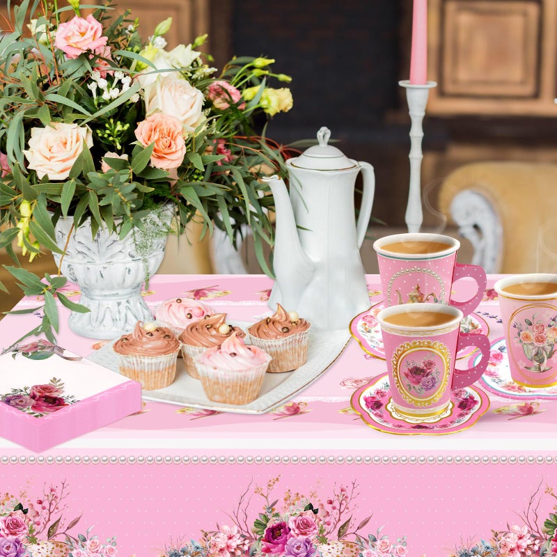 WorldBazaar Tea Party Disposable Tableware Set Pink Tea Party Supplies 12 Sets Floral Paper Tea Cups and Saucers Plates Napkins Tablecloth Pink Birthday Table Decorations Women Girls Adults - Image 4