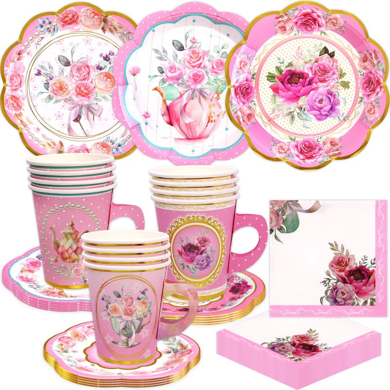 WorldBazaar Tea Party Disposable Tableware Set Pink Tea Party Supplies 12 Sets Floral Paper Tea Cups and Saucers Plates Napkins Tablecloth Pink Birthday Table Decorations Women Girls Adults - Image 2