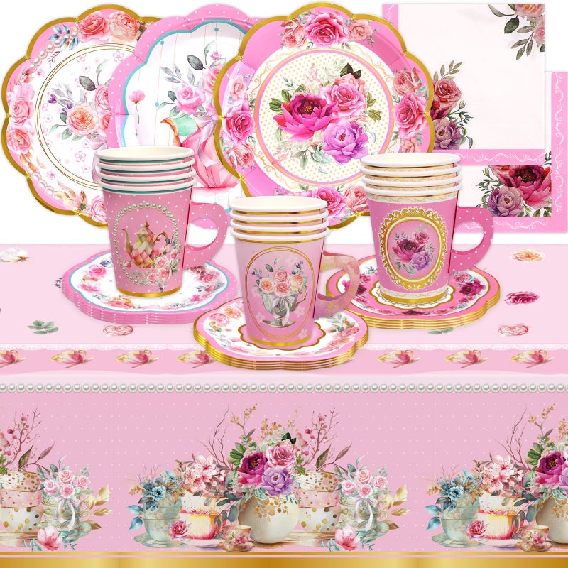 WorldBazaar Tea Party Disposable Tableware Set Pink Tea Party Supplies 12 Sets Floral Paper Tea Cups and Saucers Plates Napkins Tablecloth Pink Birthday Table Decorations Women Girls Adults - Image 1
