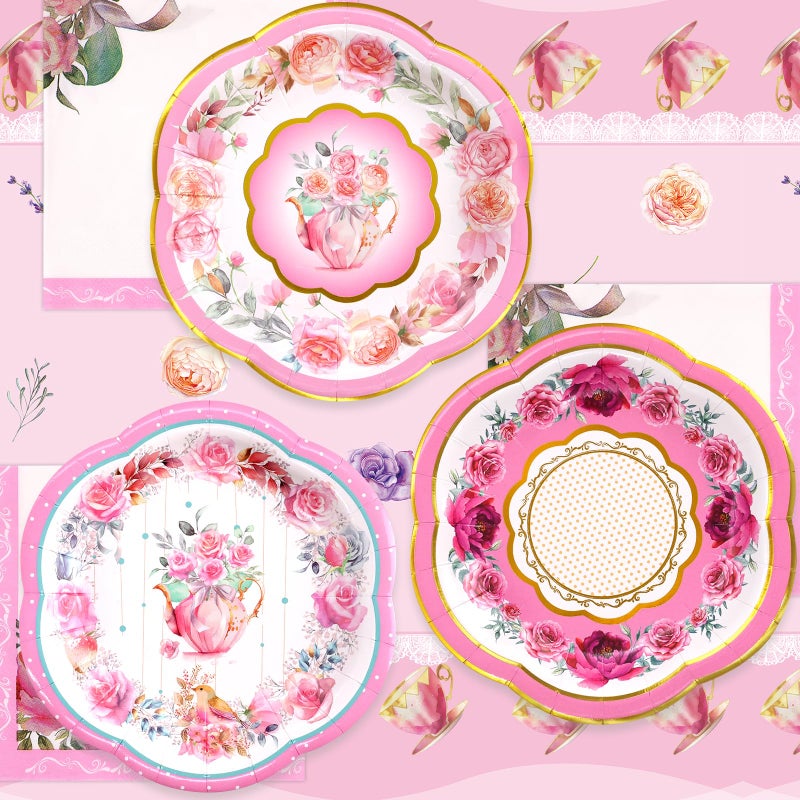 WorldBazaar Tea Party Disposable Tableware Set Pink Tea Party Supplies 12 Sets Floral Paper Tea Cups and Saucers Plates Napkins Tablecloth Pink Birthday Table Decorations Women Girls Adults - Image 5