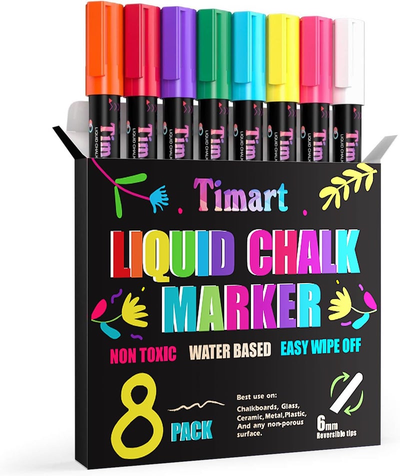 Timart Liquid Chalk Markers, 6mm Bold Tip Chalk Pens, Dry Erase Marker Pens for Chalkboards, Signs, Blackboards, Windows, Glass- Reversible Tip, First Day of School Board Chalk Pens (Classic) - Image 1