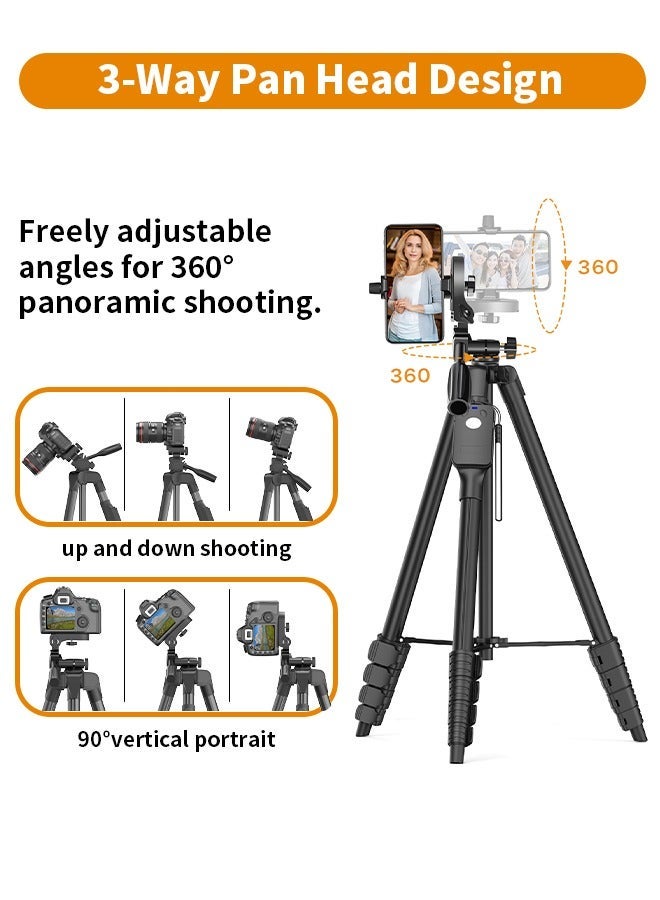 TONEOF 170cm Camera Tripod, 67" Camera Tripod with Travel Bag, Cell Phone Tripod with Remote, Aluminum Portable Tripod Stand with Phone Tripod Mount & 1/4”Screw, for Phone/Camera/Projector/DSLR/SLR - Image 3