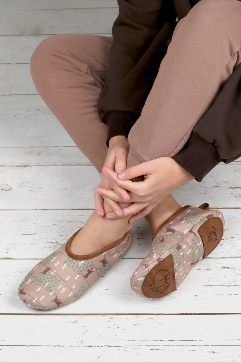 Hamur Dough Winter Non-Slip Leather Sole Home Booties Ptk-Kw Milk Coffee Printed