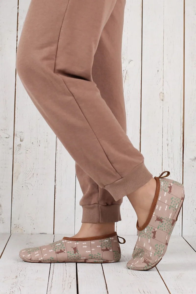 Hamur Dough Winter Non-Slip Leather Sole Home Booties Ptk-Kw Milk Coffee Printed