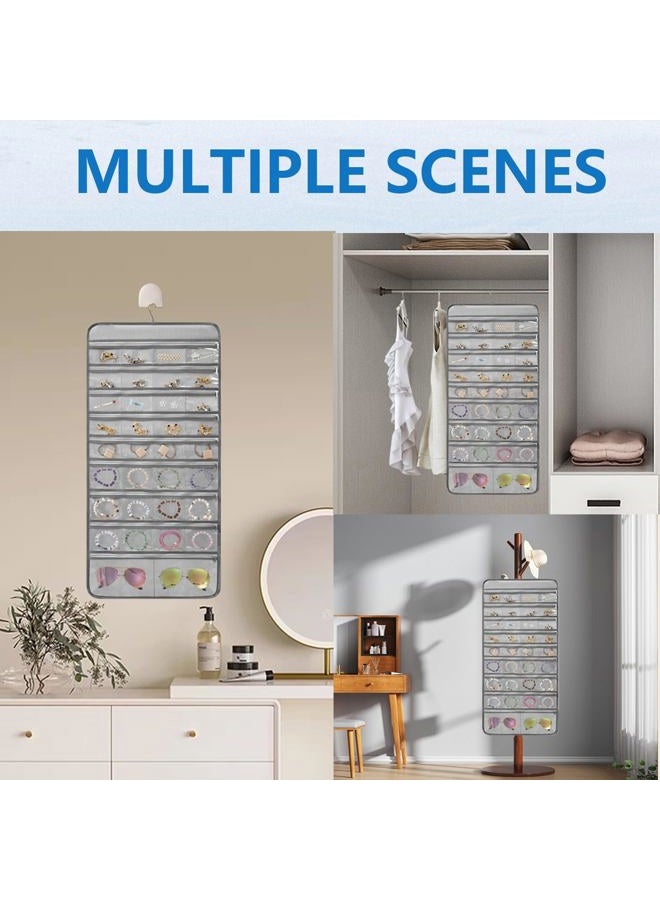 TEMUORG Travel Jewelry Organizer Dual Sided Hanging Earring Holder Bracelet Storage Rolls Rings Display Case with 68 Zippered Pockets (GREY) - Image 5