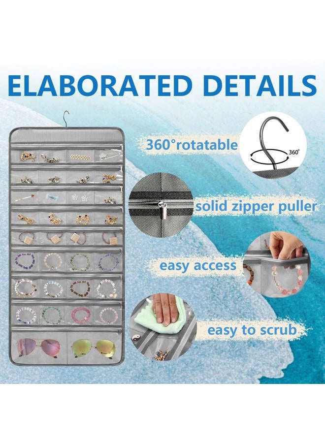 TEMUORG Travel Jewelry Organizer Dual Sided Hanging Earring Holder Bracelet Storage Rolls Rings Display Case with 68 Zippered Pockets (GREY) - Image 3