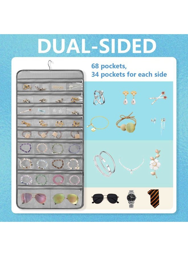 TEMUORG Travel Jewelry Organizer Dual Sided Hanging Earring Holder Bracelet Storage Rolls Rings Display Case with 68 Zippered Pockets (GREY) - Image 2