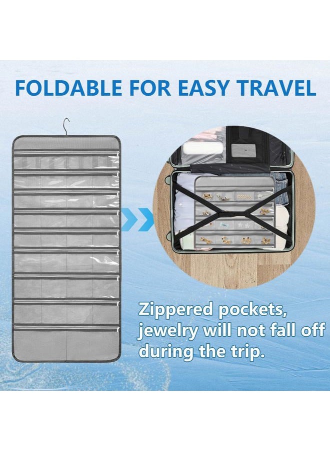 TEMUORG Travel Jewelry Organizer Dual Sided Hanging Earring Holder Bracelet Storage Rolls Rings Display Case with 68 Zippered Pockets (GREY) - Image 4