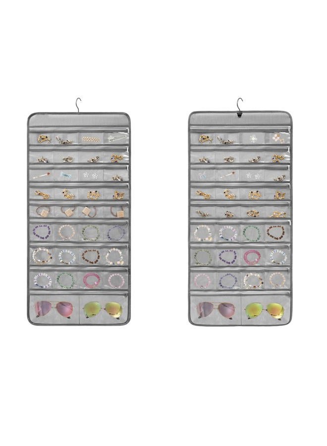 TEMUORG Travel Jewelry Organizer Dual Sided Hanging Earring Holder Bracelet Storage Rolls Rings Display Case with 68 Zippered Pockets (GREY) - Image 1