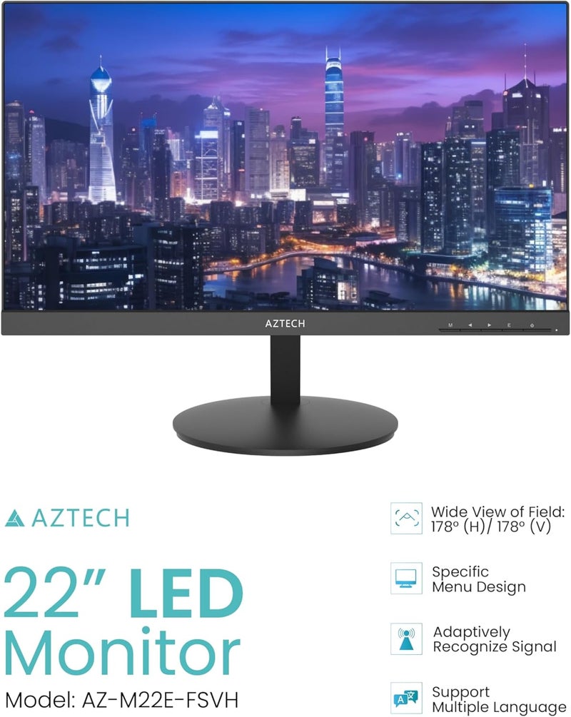 Aztech 22 Inch Full HD LED Monitor 100Hz VA Panel 1920x1080 HDMI VGA Built-in Speakers 178° Wide Viewing VESA Wall Mount 24/7 Operation Low Power Display - Image 3
